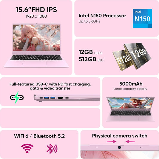 15.6" FHD Student Laptop Computer, 12GB DDR5, 512GB SSD, Quad-Core N150(Beat to i3-1115G4, Up to 3.6GHz), WiFi 6, Bluetooth 5.2, Pink