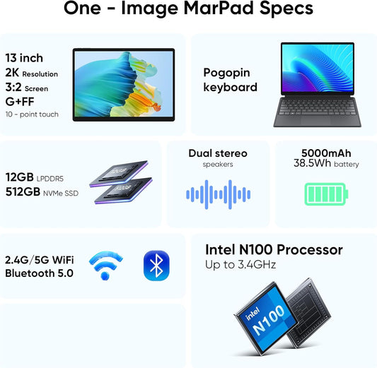 MARGOLAI 2-in-1 Laptop/Tablet Computer with Keyboard, 13" 2K (2160x1440) IPS Touchscreen, 12GB RAM 512GB NVMe SSD, N100 Quad-Core Processor, Win 11, 2.4/5G WiFi/BT5.0, Full-Featured USB-C