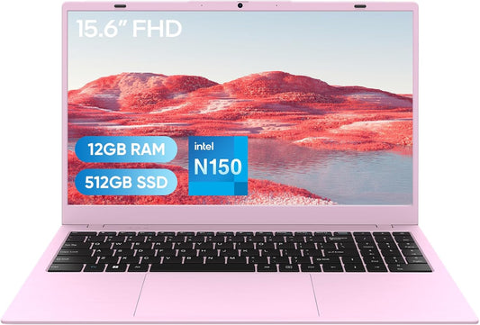 15.6" FHD Student Laptop Computer, 12GB DDR5, 512GB SSD, Quad-Core N150(Beat to i3-1115G4, Up to 3.6GHz), WiFi 6, Bluetooth 5.2, Pink