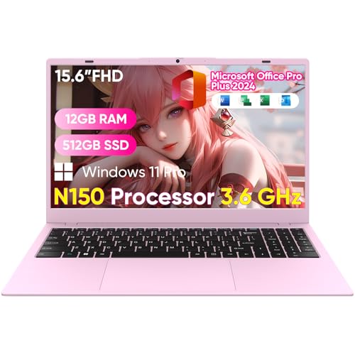 15.6" FHD Student Laptop Computer, 12GB DDR5, 512GB SSD, Quad-Core N150(Beat to i3-1115G4, Up to 3.6GHz), WiFi 6, Bluetooth 5.2, Pink